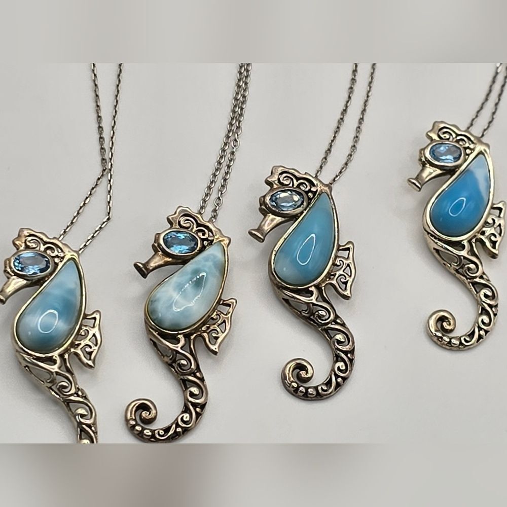 Blue Larimar Sterling Silver "Seahorse" Pendant With Chain 4 Available Per One